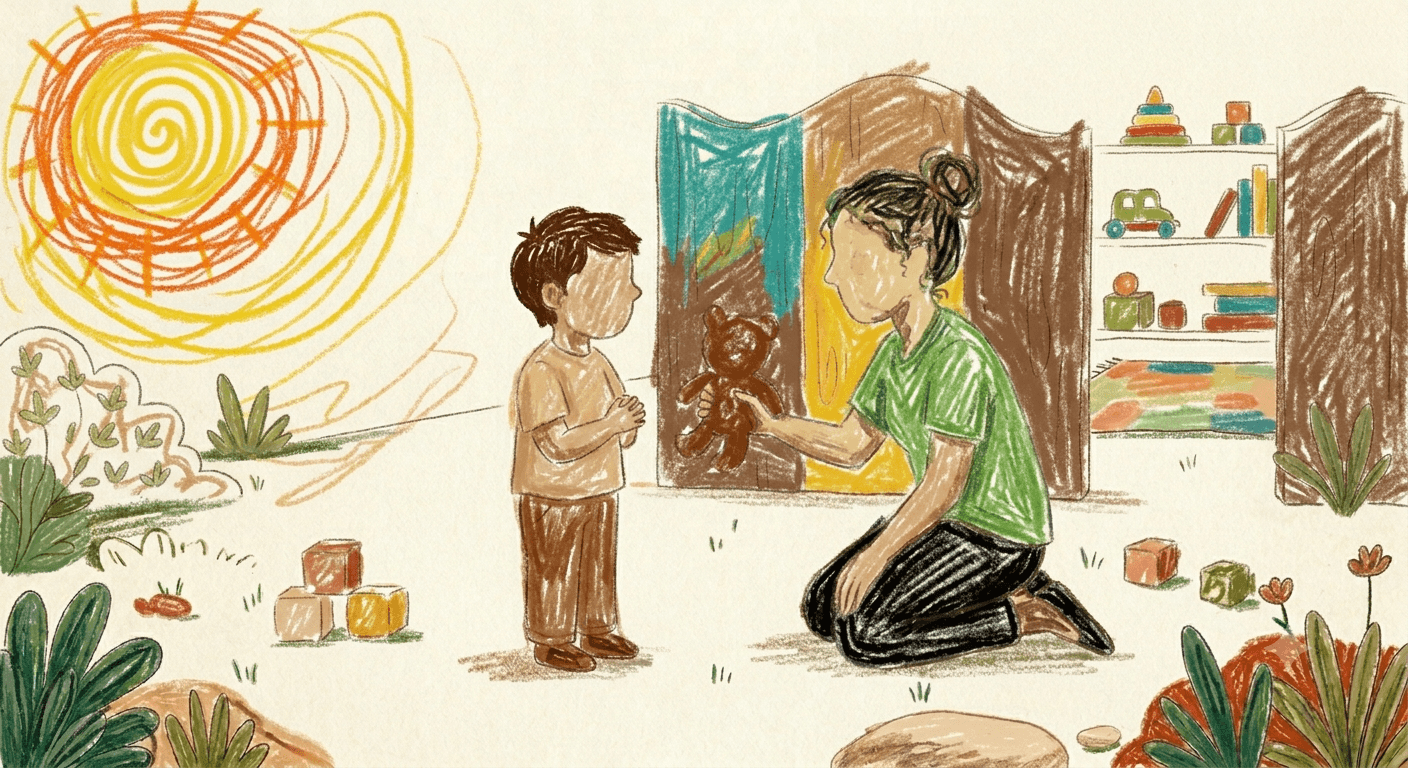 A therapist crouching to greet a young boy with a teddy bear in a sunlit play room